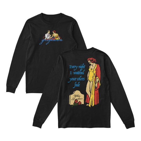 Black Greyhaven Heavy Cotton long sleeve t-shirt with a front graphic of two people playing cards and the word grayscale. The back features a woman, tombstone, and the text: Every night I watched your colors fade.