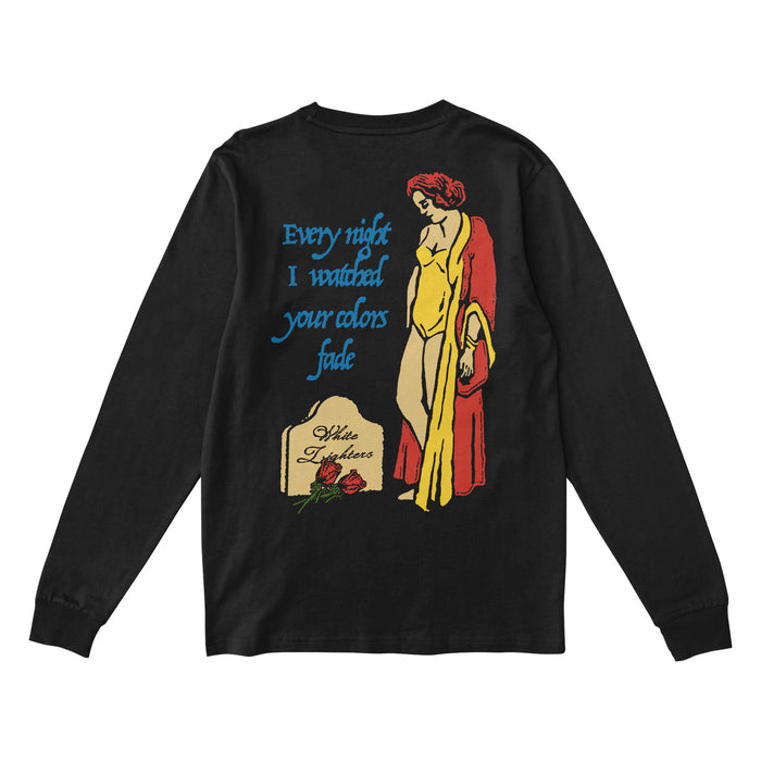 Greyhaven black long sleeve tee with a woman in a red and yellow robe by a gravestone with roses; blue text says, “Every night I watched your colors fade.” Printed on Gildan Heavy Cotton for comfort.