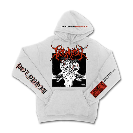 White pullover hoodie with POLYPHIA written in red metal font across the chest. Below the red font there is album artwork of two white tigers with wings and bloody eyes. On the hood there is text that says NEW LEVELS NEW DEVILS. On one arm there is black and red text that says POLYPHIA.
