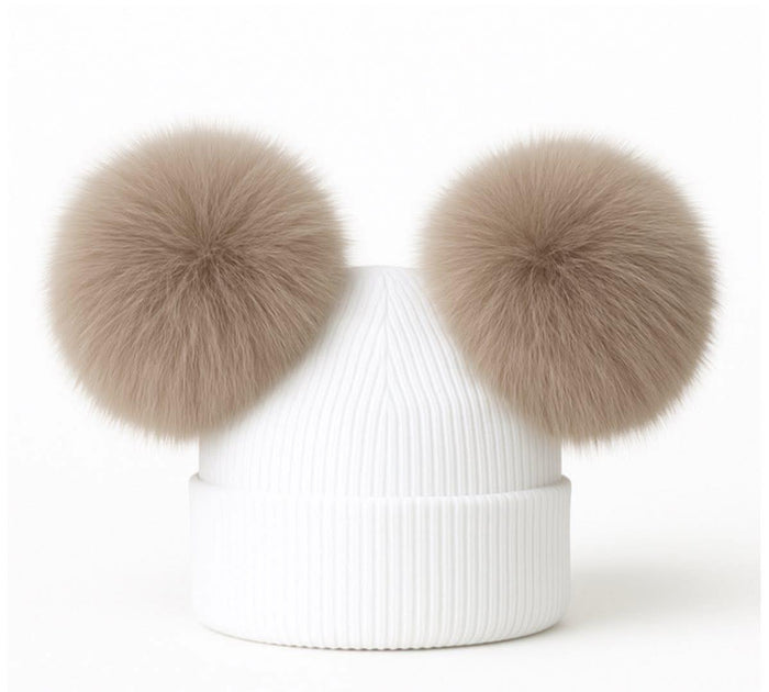 White/Beige  Double Pom Pom Hat
