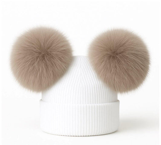 White/Beige  Double Pom Pom Hat