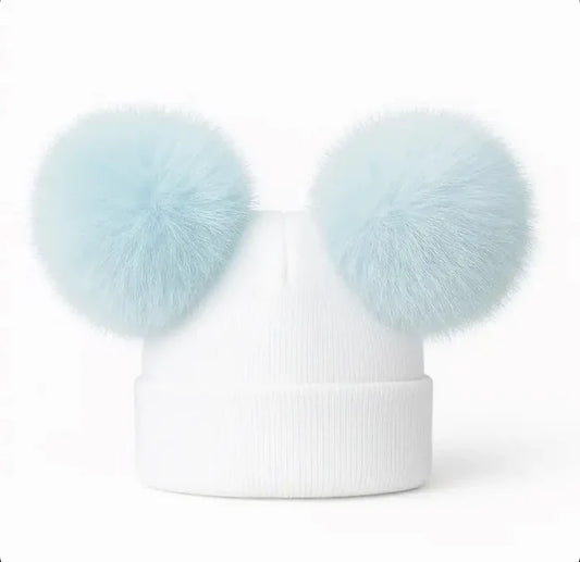 White/Blue  Double Pom Pom Hat