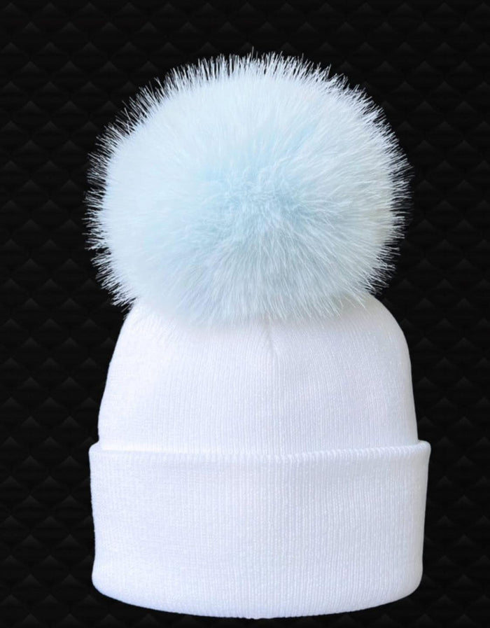 White/Blue  Single Pom Pom Hat