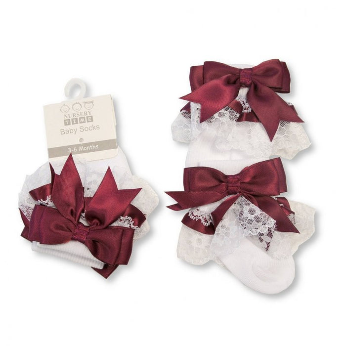 White/Burgundy Girls Ankle Socks