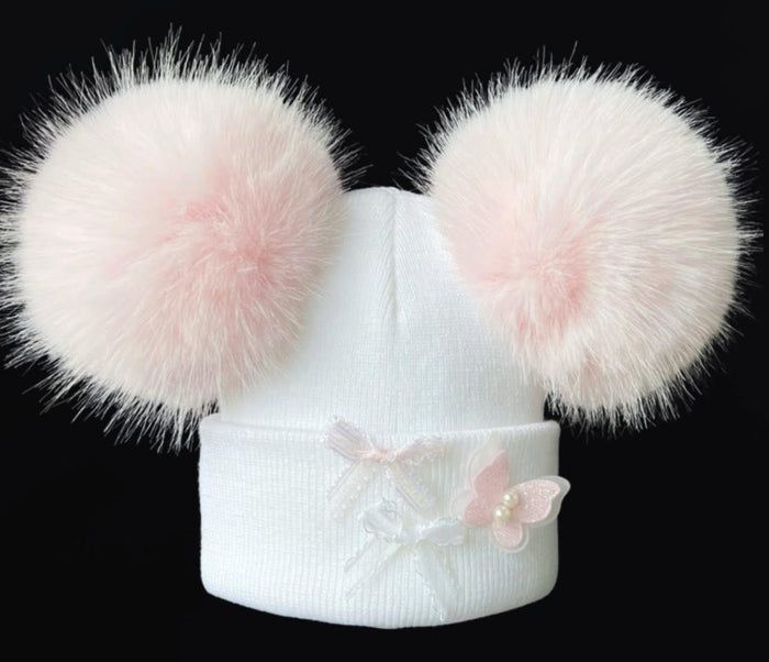 White/Pink  Double Pom Pom Hat with Butterfly Detail