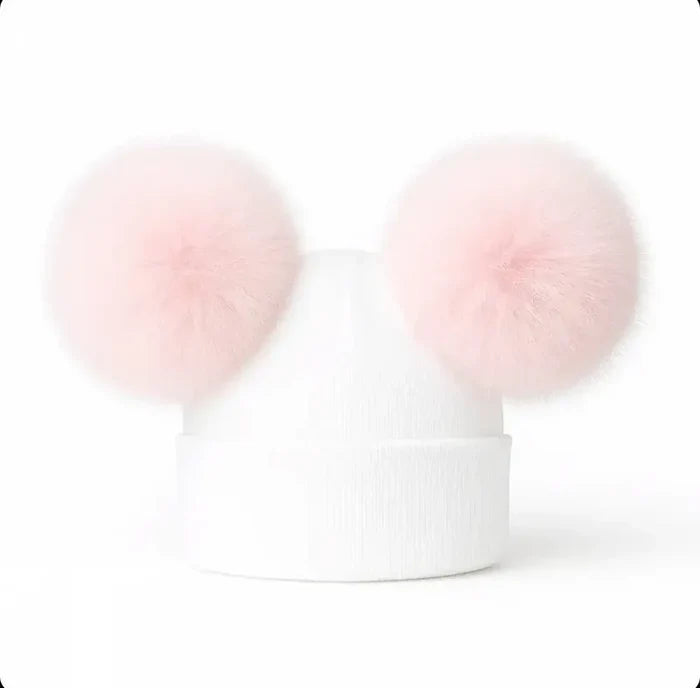 White/Pink  Double Pom Pom Hat