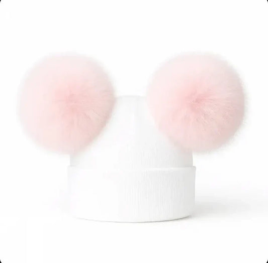White/Pink  Double Pom Pom Hat