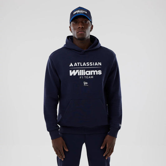 The model is wearing this Atlassian Williams F1 Team Oversized Pullover Hoodie in navy. 1