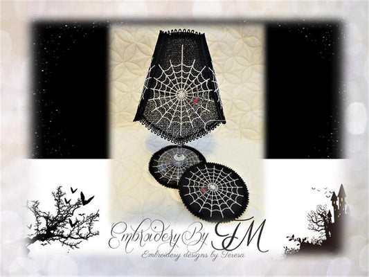 Wine glass shades with spider / 5x7 hoop + coasters