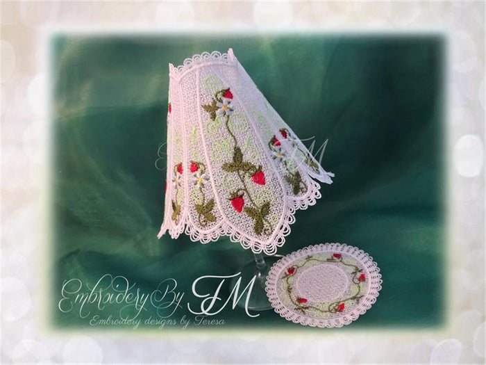 Wine glass shades with strawberries + coaster