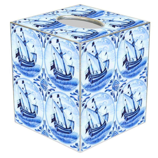 Wood Delft Blue Sailboat Tissue Box Cover - Bath Accessories - The Well Appointed House