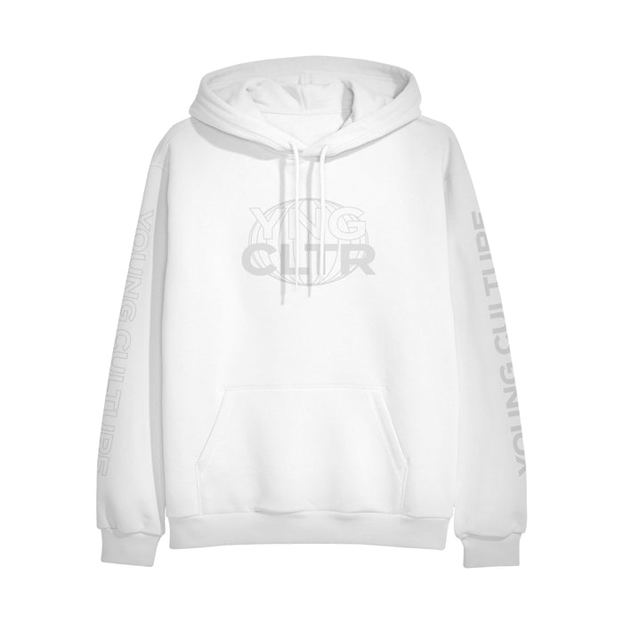 White pullover hoodie with "YNG CLTR" written on the chest in grey lettering, inside a grey globe. "YOUNG CULTURE" is written vertically along either arm in grey font.