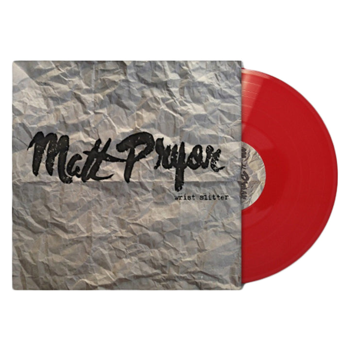 This limited edition red vinyl LP by Matt Pryor comes in a crumpled gray cover, featuring his name in bold black script with the album title “Wrist Slitter” below.