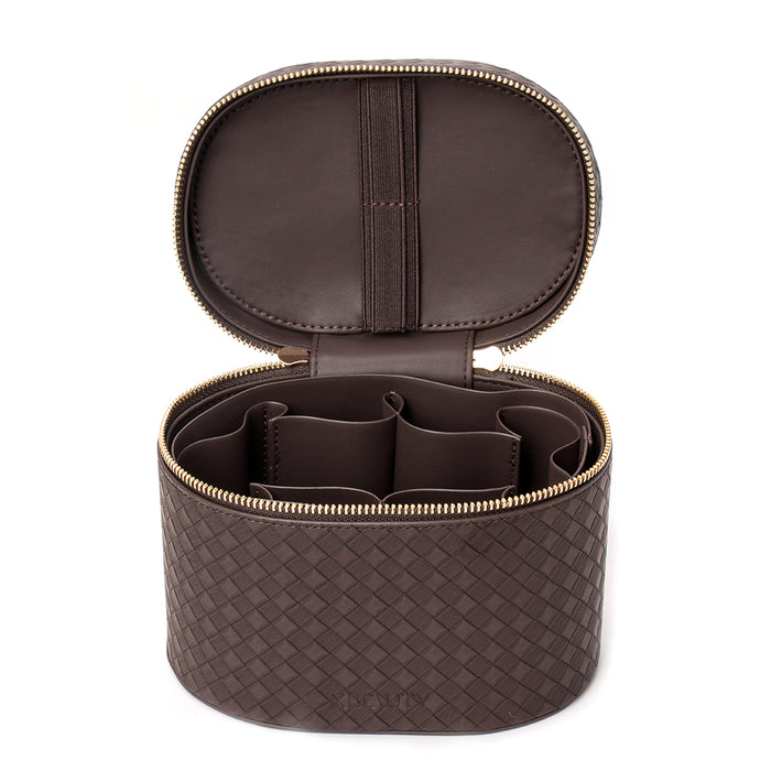 X Beauty Vintage Diamond Quilted Handheld Round Beauty Organizer Dark Brown