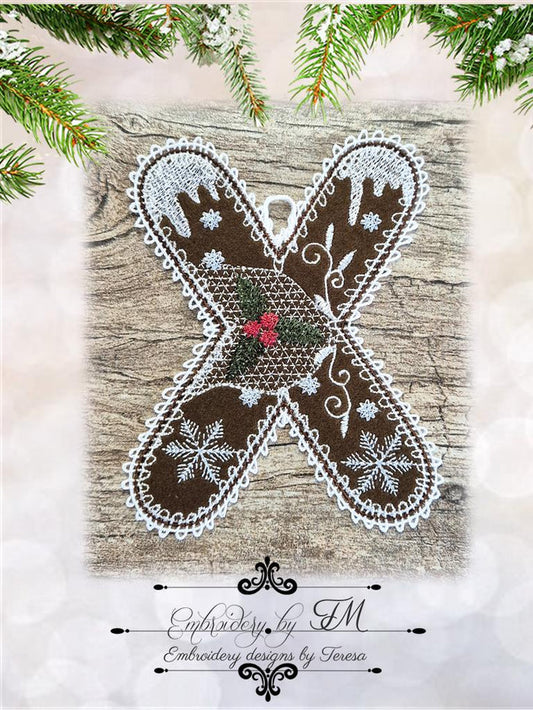 X gingerbread alphabet/5x7 hoop/combination of felt and lace